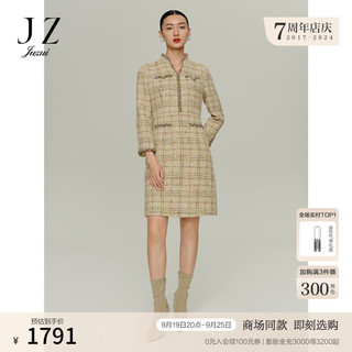 玖姿（JUZUI）商场同款气质静奢小香风连衣裙女2024秋季新款JWDQ50015 格子卡其