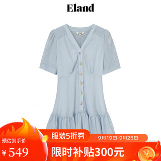 ELAND衣恋连衣裙女泡泡袖收腰荷叶边裙子2024夏季 蓝色(50)Blue M/165