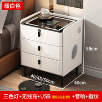 璞登实木智能床头柜现代轻奢多功能无线充电蓝牙音响指纹锁卧室床边柜 暖白(灯+无线+USB+音响+指纹) 坂木款:45*40*58cm