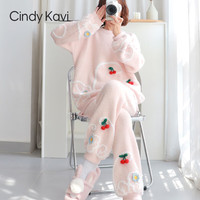 Cindy Kavi 轻奢法式睡衣女秋冬季半边绒珊瑚绒加厚甜美樱桃可外穿家居服套装