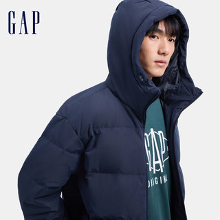 Gap男装2024秋冬徽章logo抽绳立领连帽羽绒服纯色外套677652 海军蓝 170/92A(M) 亚洲尺码