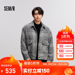 森马（Semir）毛呢夹克男小香风外套2024冬季夹棉上衣格纹潮 黑白色调00391 170/88A/M