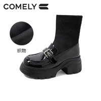 88VIP：COMELY 康莉 弹力袜靴女24冬季新款厚底粗跟针织连袜鞋百搭圆头乐福鞋短靴