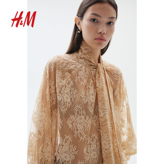 H&M2024秋季女装领口系带蕾丝上衣1258985 米色 165/96