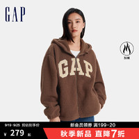 Gap女装2024秋冬贴布绣花logo仿羊羔绒连帽卫衣外套600757 棕色 160/80A(S)亚洲尺码