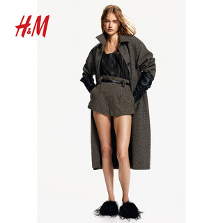 H&M2024秋季女装时尚休闲百搭高腰斜纹布迷你短裤1253168 深棕色/格纹 165/76