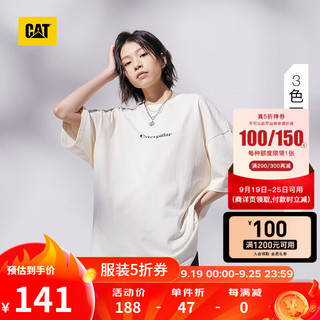 CAT 卡特彼勒 卡特短袖t恤男女同款户外腰果花与千鸟格印花宽松全棉短T 杏色 M