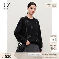 Juzui 玖姿 ·安娜蔻BlingBling云感空气层花朵钻落肩长袖卫衣女2024秋 素黑 XL