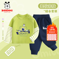 BoBDoG巴布豆男童套装春秋款中小童宝宝秋装可爱假两件打底衫时尚纯棉内搭 草绿 巴布木板怪兽+蓝 挤眼巴布X 100cm