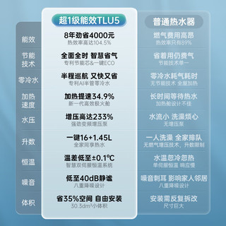 万家乐16升零冷水燃气热水器TLU5 超一级能效节能水伺服恒温增压大水量 防冻燃热 WIFI远控 家用天然气