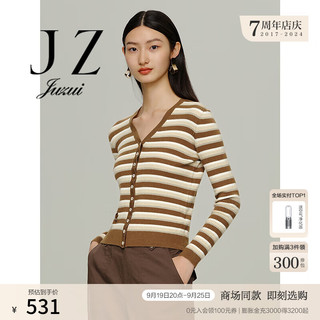 玖姿（JUZUI）V领肌理条纹针织开衫女2024秋JWDQ30634 条咖啡 M