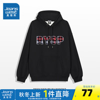 真维斯女装2024秋季 潮流印花宽松休闲袋鼠袋连帽卫衣女G2 黑色8010 180/100A/XL