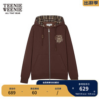 Teenie Weenie小熊2024年冬季格纹双头拉链中长款卫衣连帽开衫 棕色 170/L