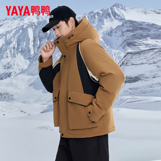 鸭鸭（YAYA）羽绒服男2024新冬季连帽撞色休闲时尚羽绒工装外套户外运动夹克 焦糖色 185/2XL