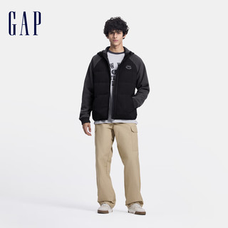 Gap男装2024秋季印花logo拼接抓绒立领连帽羽绒服外套637898 黑色 175/96A(L) 亚洲尺码