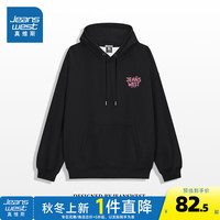 真维斯女装2024秋季设计感宽松时尚慵懒印花连帽长袖卫衣G2 黑色8010 180/100A/XL