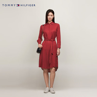 TOMMY HILFIGER24秋冬女气质通勤满印系带显瘦宽松衬衫裙连衣裙44283 红色格纹0KP 34