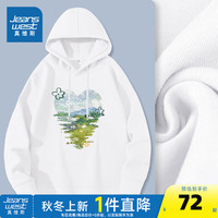 真维斯女装2024秋季心形油画简约时尚青春牛奶丝连帽卫衣JR 白810A 175/96A/XL
