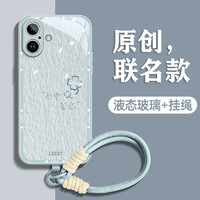 GGUU四叶草适用iPhone16手机壳苹果16promax保护套16pro新款链挂绳15玻璃14系列15pro防摔plus高级女13 蓝灰色-油画幸运四叶草-送挂绳 iPhone16