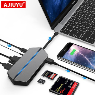 AJIUYU 华硕笔记本千兆网口卡连网线Type-c扩展USB3.0连VGA投影仪HDMI转接头 八合一【HDMI+USB-C+USB3.0+读卡器 华硕Vivobook15 15.6英寸