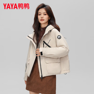 鸭鸭（YAYA）羽绒服女秋冬时尚轻薄夹克女连帽短款休闲上衣女潮流工装外套 米色 155/80A(S)