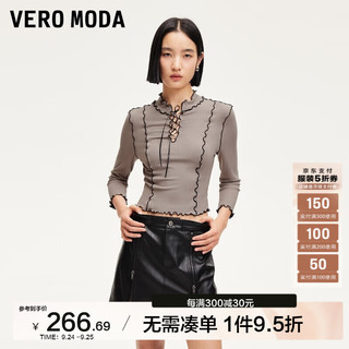 VERO MODA VEROMODAT恤女2024秋季女装木耳边七分袖绑带镂空上衣百搭学院 浅麻纱色 160/80A/S