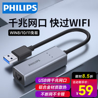 PHILIPS 飞利浦 USB转RJ45网线转接头有线网卡千兆外置网口转换器适用苹果Mac华为笔记本电脑台式机1609H