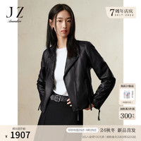 Juzui 玖姿 ·安娜蔻经典休闲机车绵羊皮修身皮衣夹克外套女2024冬季 素黑 L