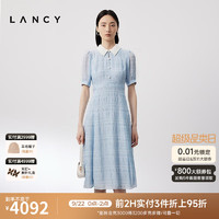 朗姿/LANCY24夏水蓝POLO领泡泡袖收腰连衣裙优雅A字裙子女 水蓝色 S