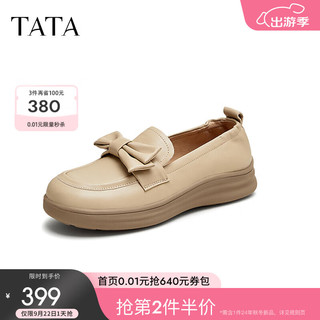 他她（TATA）厚底休闲乐福鞋女鞋蝴蝶结浅口单鞋2024秋季7A420CA4 杏色（蝴蝶结款） 36