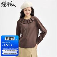 佐丹奴法兰绒衬衫女纯棉减龄风压褶娃娃领长袖休闲衬衣女13344851 浅棕色 酱棕 S