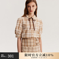 ELAND衣恋衬衫上衣女美拉德学院风经典格纹泡泡袖短袖上衣 浅卡其色(36)L/Beige S/160