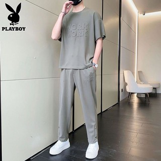 PLAYBOY 花花公子 夏季运动套装男士薄款两件套t恤新款冰丝速干帅气休闲服