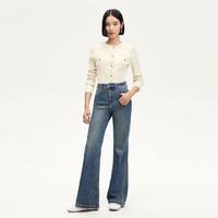 VERO MODA 牛仔裤女24秋新款水洗磨白复古时尚中腰纽扣微喇裤