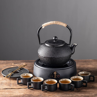 瓷牌茗茶具 cipaiming teaset） 铁壶手工铸铁围炉煮茶 黑丁壶+6杯+黑桃心炉+垫叉 1.2L