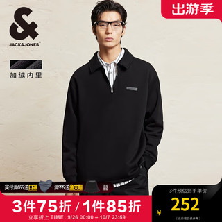 杰克琼斯 杰克·琼斯（JACK&JONES）秋冬时尚潮流百搭加绒宽松静奢风半拉链POLO领卫衣男套头衫 E40 黑色 180/100A/L