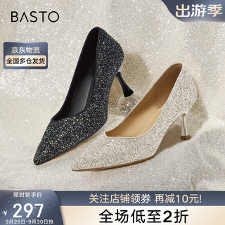 BASTO 百思图 24秋时尚潮流细高跟尖头细跟女单鞋W3989CQ4 金色 35