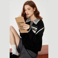 撞色Polo领条纹长袖毛衣女早春打底针织衫