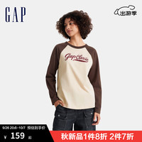 Gap女装2024秋冬纯棉印花logo撞色插肩长袖T恤亲肤上衣606137 米棕拼接 160/80A(S)亚洲尺码