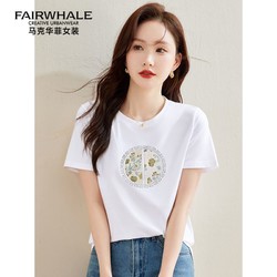 MARK FAIRWHALE 马克华菲 白色烫钻印花短袖t恤女装2024新款夏季纯棉正肩半袖上衣