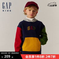 Gap男童2024秋季印花logo抓绒连帽卫衣儿童装休闲上衣641341 红色拼接 130cm(8-9岁) 亚洲尺码