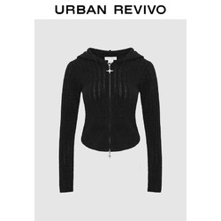 URBAN REVIVO UR2024秋冬女装潮酷双拉链抽绳连帽针织开衫UYV940005 正黑 M