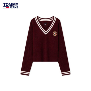 TOMMY JEANS24秋冬女装潮流美式复古徽章刺绣撞色V领针织衫DW0DW19685 深红色VLP XS