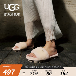 UGG 女士平底室内外舒适休闲露趾平底茸茸一字凉拖鞋 1100892 自然白色 36