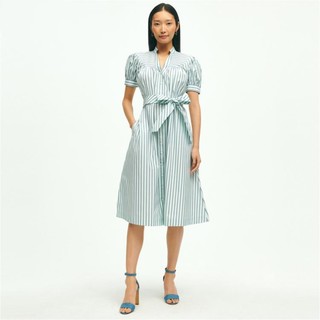 Brooks Brothers 女士23夏新V领气质条纹短袖衬衫连衣裙