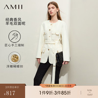 AMII2024冬优雅法式香风圆领绵羊毛双面呢女配腰带羊毛呢外套12344402 米白 155/80A/S