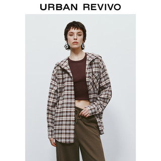 URBAN REVIVO UR2024秋冬女装学院风超宽松格纹连帽开襟衬衫UYL240014 棕色格子 L(XL-XXL)