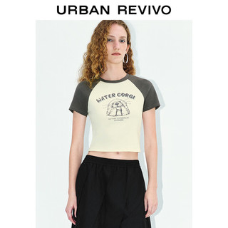 URBAN REVIVO UR2024秋季女装撞色插肩袖趣味印花短袖T恤UYY440016 米白 XL