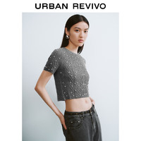 URBAN REVIVO UR2024秋季女装格雷系钻饰肌理感短袖针织衫UWG940217 中灰 M