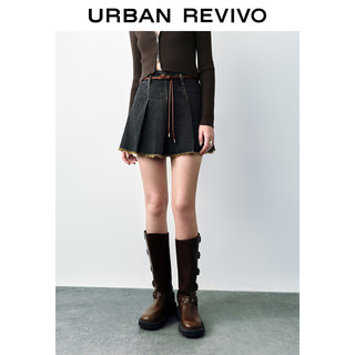 URBAN REVIVO UR2024秋冬女装复古风压褶流苏洗水牛仔半裙UYY840040 蓝色 L